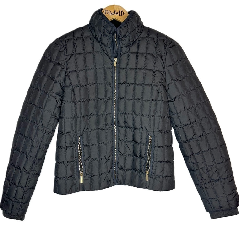 J. Crew Black Quilted Down Filled Gold Embellished Zip Up Jacket Coat Women’s XS